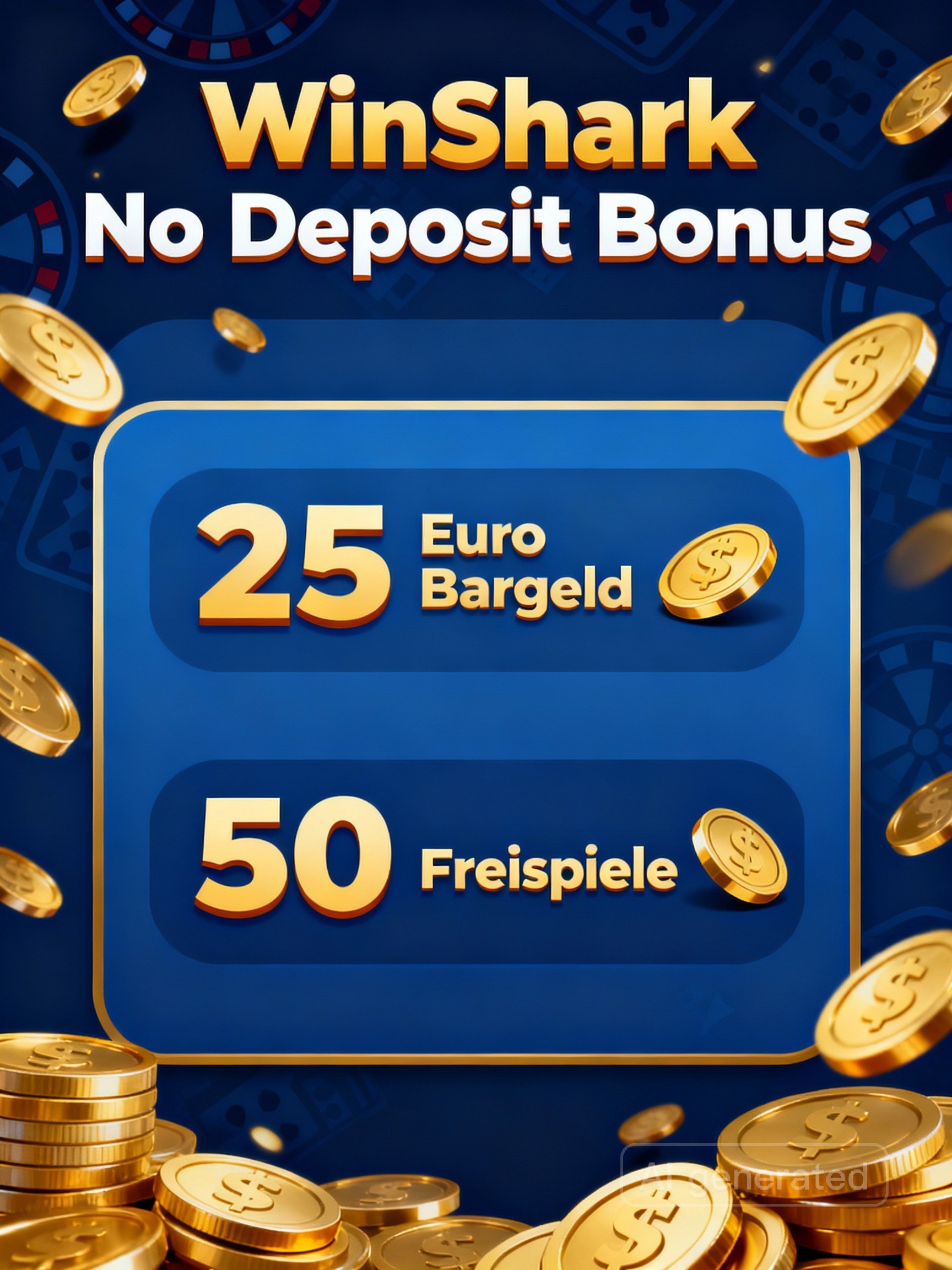 WinShark No Deposit Bonus Infografik – 25€ + 50 Freispiele ohne Einzahlung